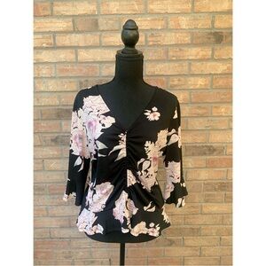 Candies 3/4 Sleeve Top (L), Black with Floral Blush Pink and Hints of Blue